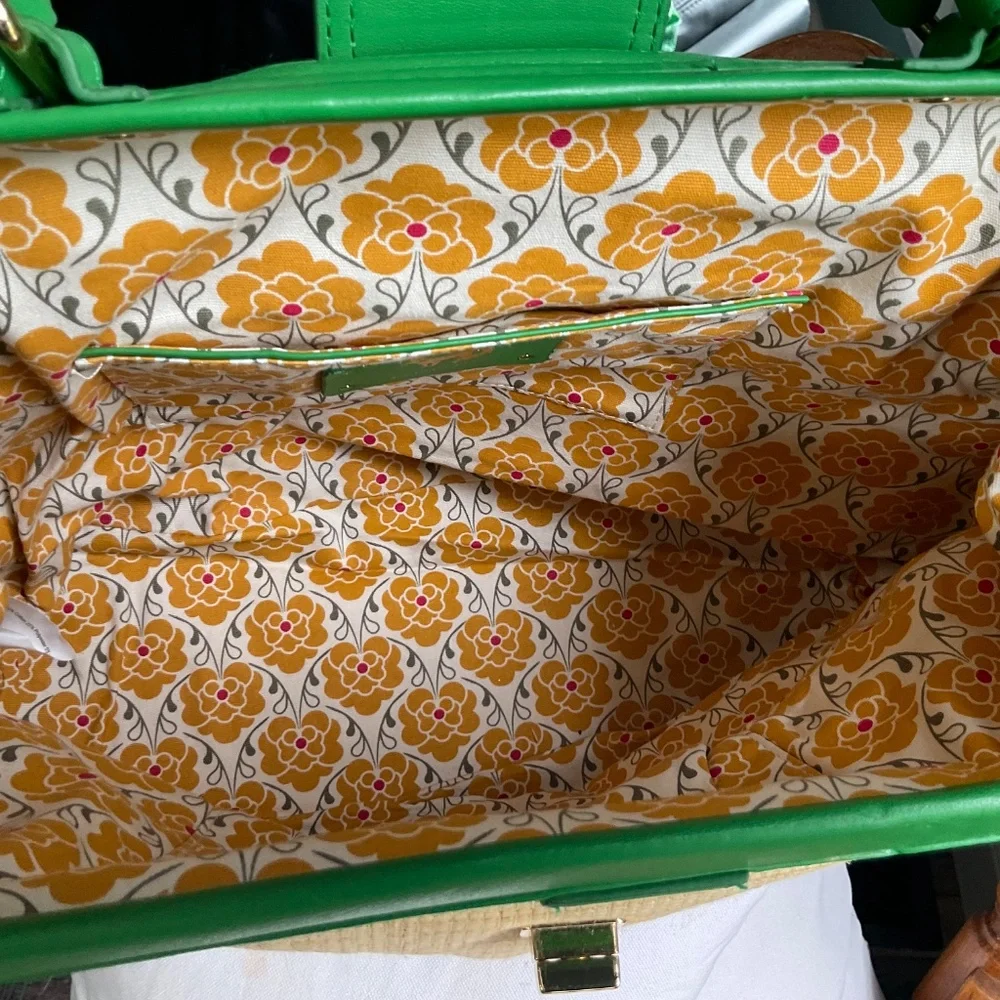Emma Fox Newport Green Leather & Natural Woven Linen Blend Crossbody Satchel Bag